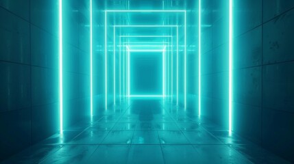 Square shaped glowing neon lights are creating a perspective view inside a room