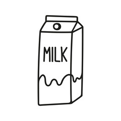 Hand drawn paperboard milk box doodle. Thermal package for milk drinks.  Sketch linear illustration