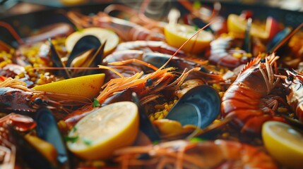 Detailed shot of Spanish seafood paella.