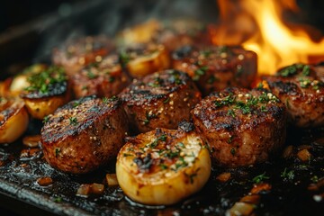 Close-up of baked meat with vegetables and spices.