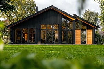 landscape of a stylish black house with warm wooden accents, featuring large windows and a vibrant green lawn in front