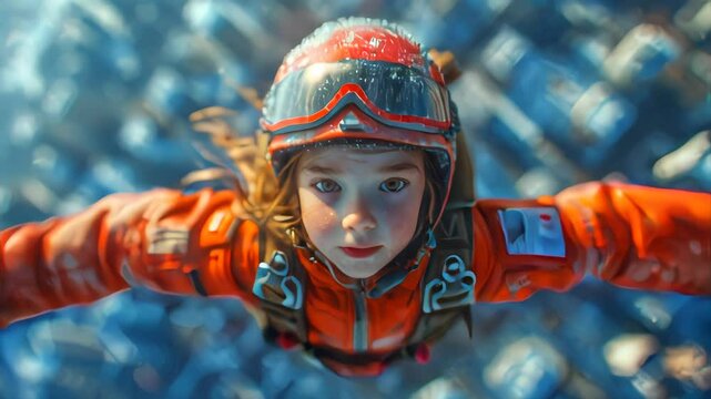 The girl is flying in the sky. She is dressed in a red jacket and helmet