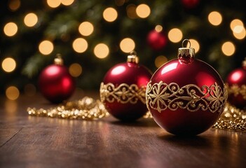 Red Christmas ornaments with golden decorations on a warm wooden surface with bokeh background