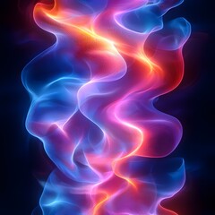 Naklejka premium Abstract digital art with flowing neon colors. A bright red, orange, and blue wave of light creates a vibrant and dynamic composition.