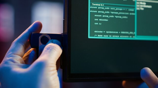 Extreme close up shot of hacker uploading USB flash drive into PC. Scammer using storage device containing data obtained from victims after tricking them into installing ransomware program, camera A