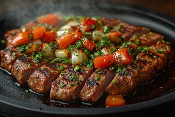 Close-up of baked meat with vegetables and spices.