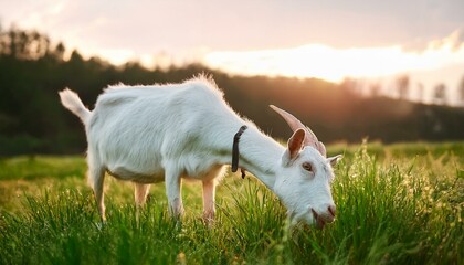 Obraz premium a white male goat is eating grass in a pasture domestic agricultural cattle