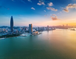 Naklejka premium aerial view of zhuhai and macau city skyline with modern buildings scenery at sunset china high angle view