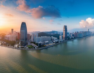 Fototapeta premium aerial view of zhuhai and macau city skyline with modern buildings scenery at sunset china high angle view