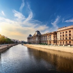 Fototapeta premium antique building view in old town bucharest city capital of romania and dambrovita river