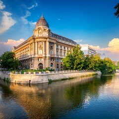 Fototapeta premium antique building view in old town bucharest city capital of romania and dambrovita river