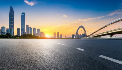 Obraz premium asphalt road square and bridge with modern city buildings scenery at sunset in guangzhou car advertising background