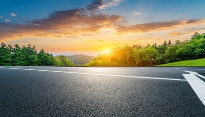 Fototapeta premium asphalt road square and green forest natural landscape at sunset