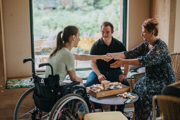 Young boy with Down syndrome and girl in a wheelchair engage in a joyful blocks game with an...