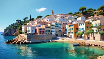 Fototapeta premium A serene oil painting depicting a quaint small town on the Mediterranean Sea, with bright summer skies and a gentle breeze, capturing the charm of coastal life, Generative AI