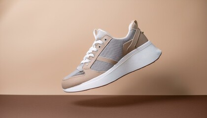 beige gray leather female sneakers with lace isolated on beige background flying fashion stylish casual sneakers sports unisex clothing shoes advertising minimal mockup with footwear