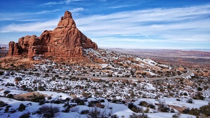 A winter landscape in Arches National Park, Utah. 