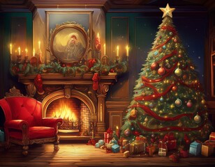 Fototapeta premium christmas tree with toys and gifts on the background of a fireplace with fire magical room with the throne of santa claus