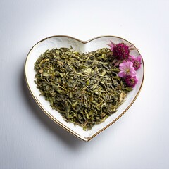 Fototapeta premium dry green tea herbs with flowers and vintage porcelain heart shaped plate on white background