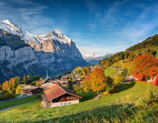 fabulous autumn view of picturesque alpine wengen village and lauterbrunnen valley
