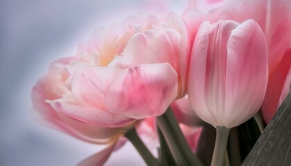 Obraz premium flower opening close up soft petals of beautiful tulip time lapse nature background tulip bouquet spring flower macro shot blooming pastel pink tulip easter backdrop romantic tenderness concept