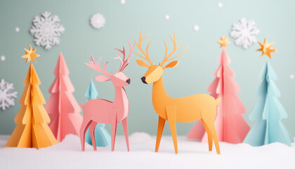 Obraz premium Colorful paper deer in a winter wonderland scene with trees and snowflakes.