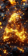 Naklejka premium A glowing, molten letter A sits on a bed of dark, glowing embers. The letter glows with a warm orange light, and is surrounded by sparks that fly off into the dark background.