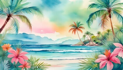 Fototapeta premium lush tropical plants and graceful palm trees ocean landscape soothing palette of delicate pastel hues painted in watercolour generative ai illustration
