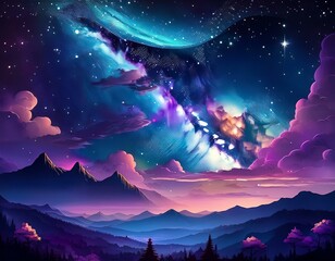 Fototapeta premium magic night lanscape with starry sky and clouds