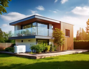 modern house building with heat pump concept of sustainable energy efficient home