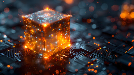 An Amber cube radiates heat as it hovers above a motherboard, resembling a fiery flame. The contrasting colors create a mesmerizing display of geological phenomenon in space