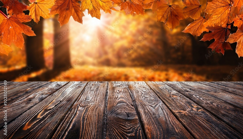 Wall mural orange fall leaves and old wooden board autumn natural background in forest