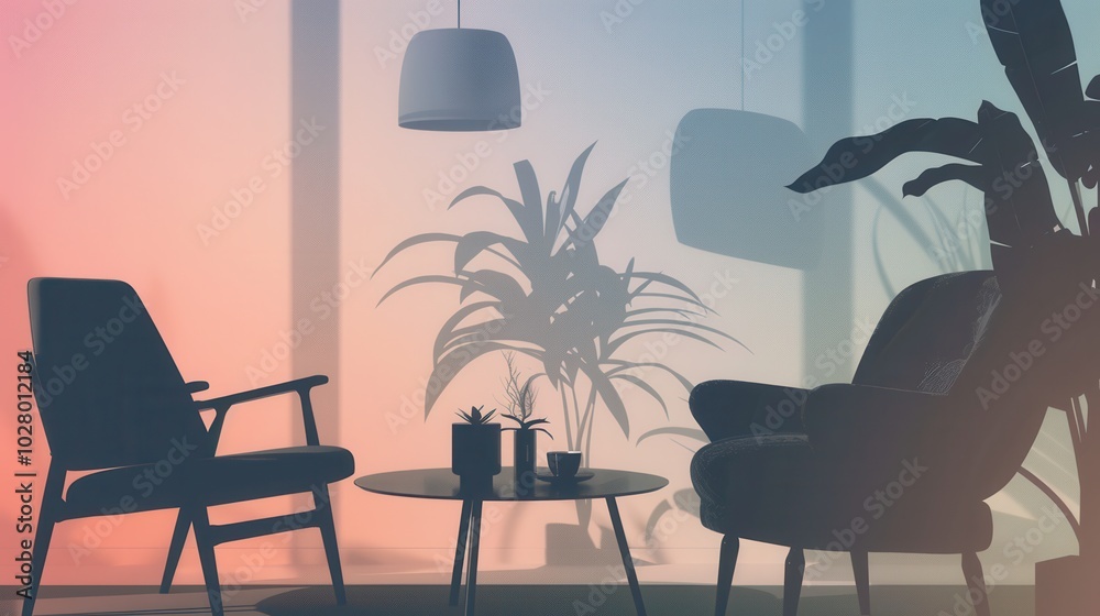Poster silhouettes display an armchair, table, and lamp beside lush plants, creating a warm and inviting at