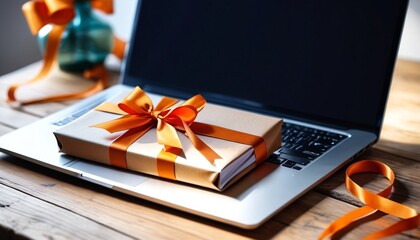 An elegant gift wrapped with an orange ribbon resting on a wooden table beside a laptop, combining productivity with festivity, Generative AI