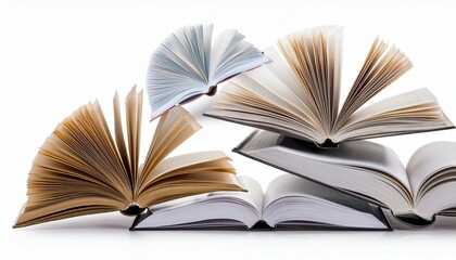 open paper books in the air isolated on a white background