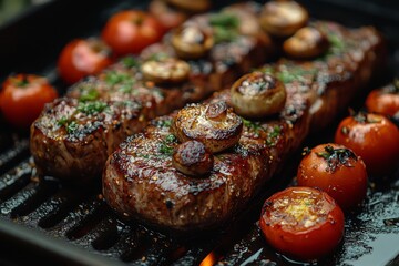 Close-up of baked meat with mushrooms, vegetables and spices