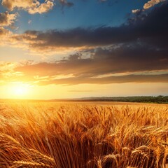 Obraz premium ripe wheat fields natural landscape at sunset farm harvest season