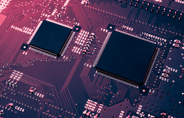 printed circuit. layout of tracks. PCB. processor, chip and electronic components