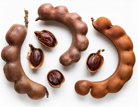set of tamarind tropical fruits isolated on white background fresh ripe tamarind pods tamarindus indica indian date healthy vegan food top view flat lay
