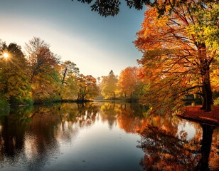 Fototapeta premium spectacular autumn view of lake and trees in city park of sell am see