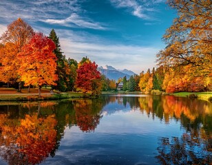 Fototapeta premium spectacular autumn view of lake and trees in city park of sell am see