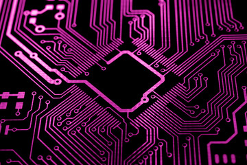 printed circuit. layout of tracks. PCB. processor, chip and electronic components