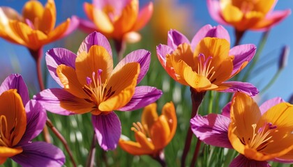 Naklejka premium A rich close-up of saffron flowers in a scenic autumn field, capturing the vivid colors and intricate details of the blossoms, Generative AI