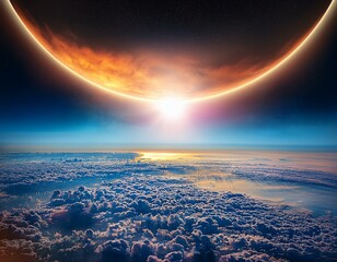 surreal solar eclipse over horizon with dramatic clouds and vibrant light effects winter solstice season cycle day night contrast concept