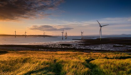 Obraz premium sunset view from walney island across the irish dea towards the distant walney offshore wind farm cumbrian coast cumbria england