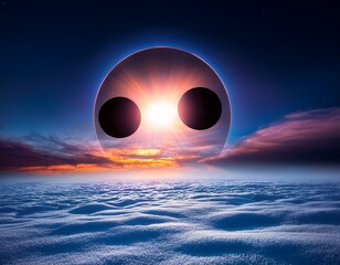 surreal solar eclipse over horizon with dramatic clouds and vibrant light effects winter solstice season cycle day night contrast concept