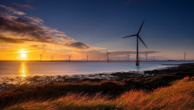 sunset view from walney island across the irish dea towards the distant walney offshore wind farm cumbrian coast cumbria england