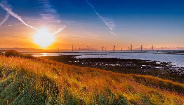 sunset view from walney island across the irish dea towards the distant walney offshore wind farm cumbrian coast cumbria england