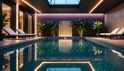 An inviting scene of a crystal clear indoor pool showcasing vibrant reflections of the elegant decor and lighting above, Generative AI
