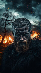 viking warrior, beard, facing toward camera, dark sky battle scene behind, with a lone leafless tree, fire 